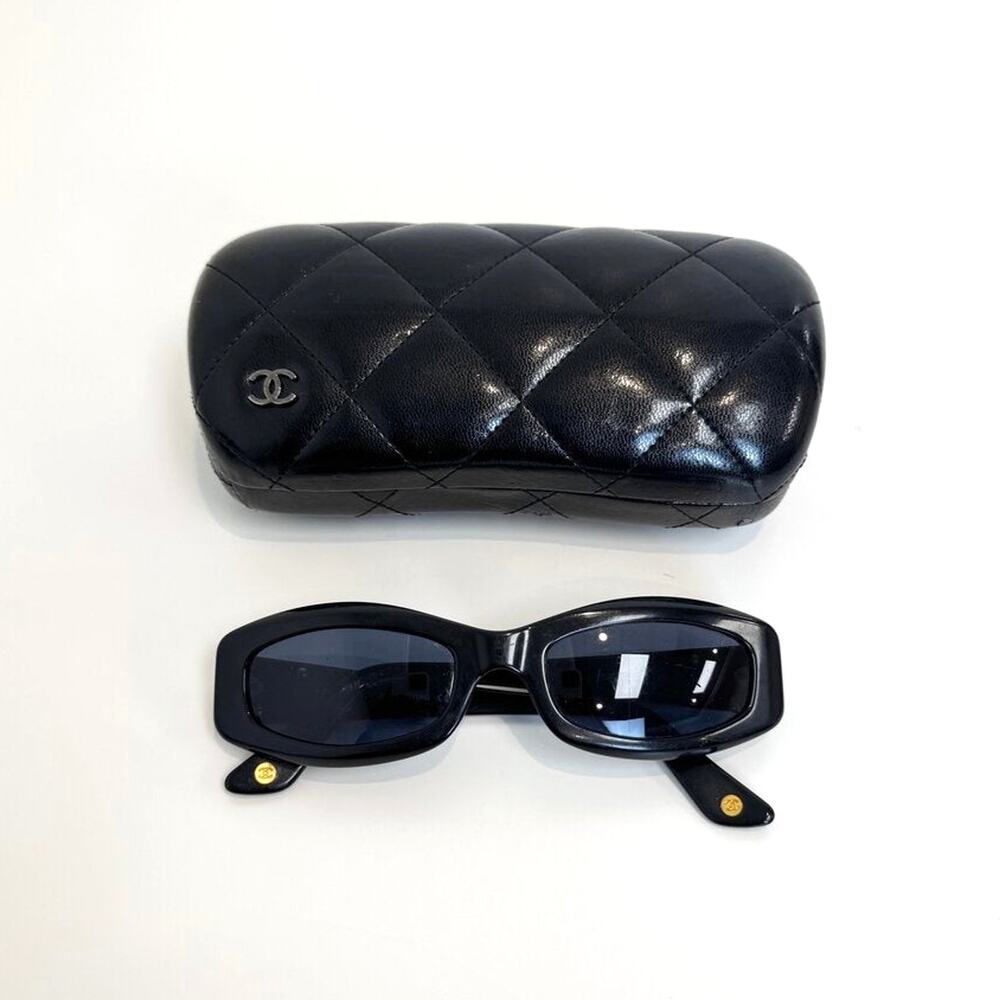 CHANEL Vintage Black Quilted Arms Gold CC Logo Rectangular Sunglasses with Case